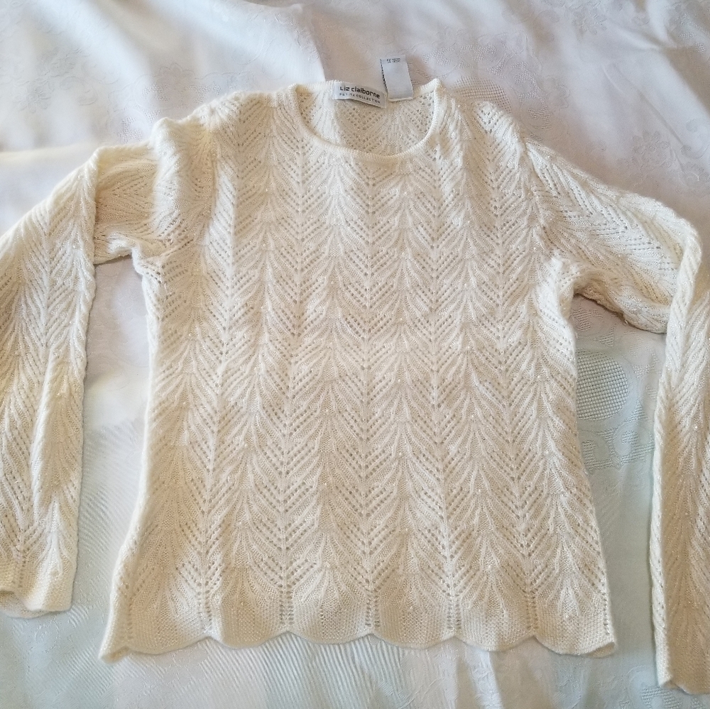 Liz Claiborne Ivory Wool Sweater with Pearl Accents Petite Collection  Sz P